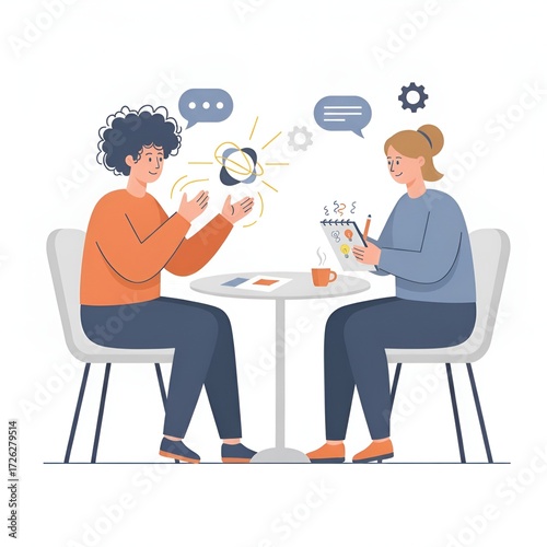 Flat illustration focusing on collaboration: Two people facing each other, one explaining an idea with hand gestures, the other listening while taking notes. A small table separates them. Limited colo