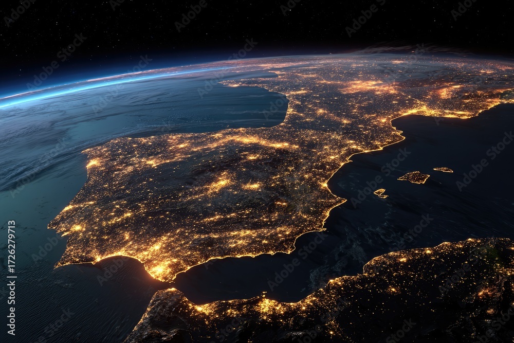 Obraz premium Night-time satellite view of the Iberian Peninsula, showcasing city lights against a dark, space backdrop; Earth's curvature visible