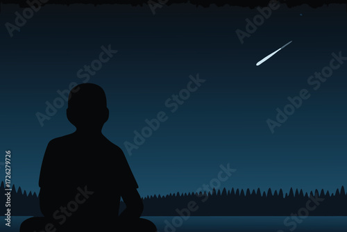 A silhouette of a person watching a bright shooting star at night