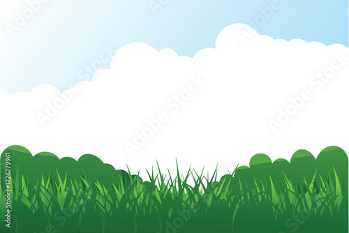 A simple illustration of a blue sky white clouds and lush green grass