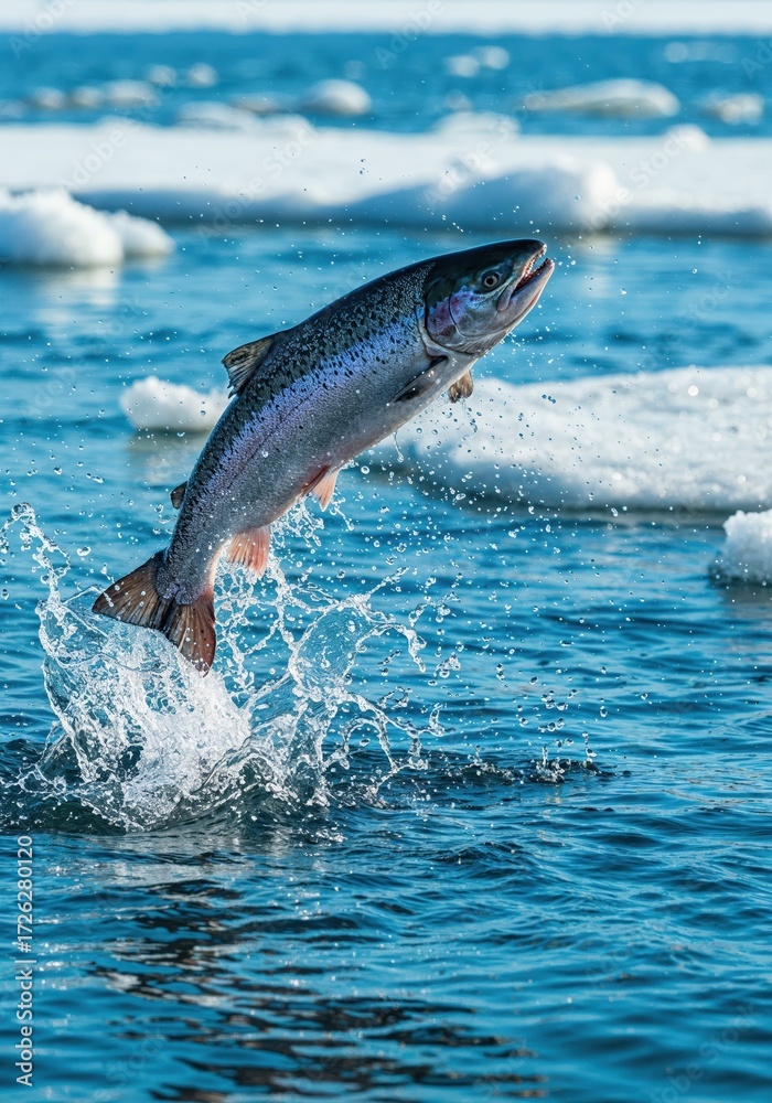 Obraz premium Majestic Salmon Leap: A vibrant moment captures a salmon soaring through the air, its silvery scales glistening against the backdrop of a serene aquatic world. Witnessing nature's graceful power.