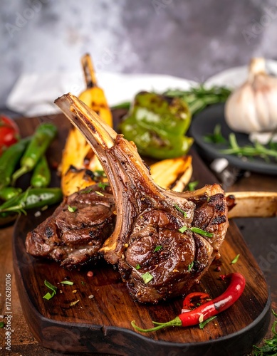 Grilled lamb chops on wooden board with roasted vegetables and herbs
