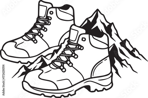 Hiking boots ready for adventure in the mountains, illustrating freedom and outdoor exploration, perfect for travel blogs and outdoor gear promotions