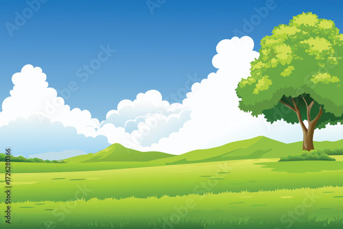 A peaceful landscape featuring green hills a single tree and clouds