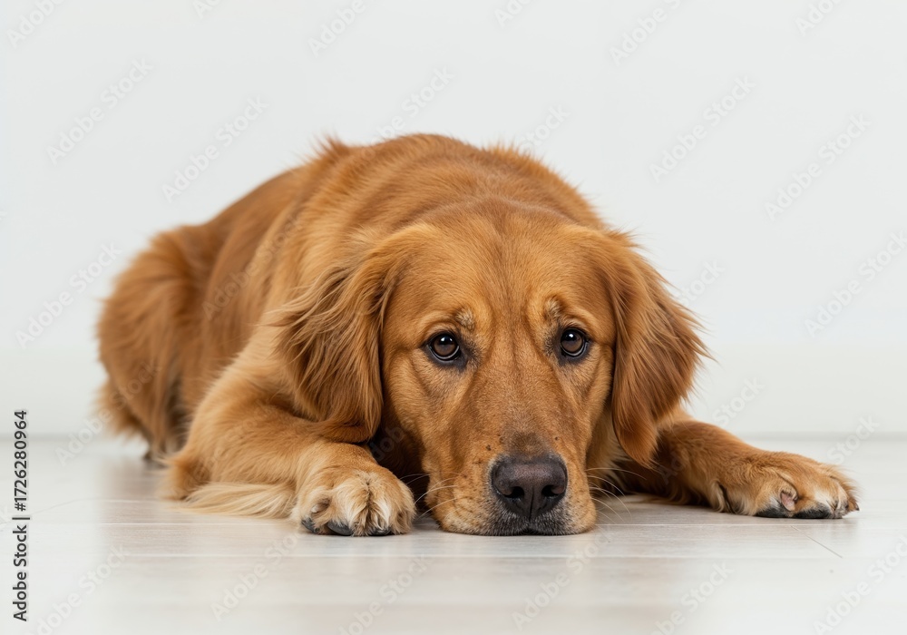 Obraz premium Loyal Companion's Gentle Gaze: A Golden Retriever, its fur gleaming in the soft light, rests calmly, its eyes exuding a calm, gentle spirit.