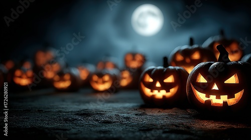 Glowing jack-o'-lanterns sit on ground under a full moon at night.