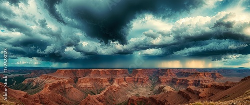 Grand Canyon Panorama with Dramatic Storm Clouds and Rainfall
