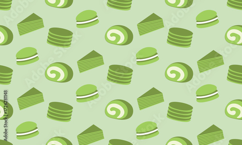 This sweet and delicate matcha cake pattern features various illustrations of Japanese green cakes in pastel green tones. With its aesthetic kawaii style, this design is perfect for dessert packaging.