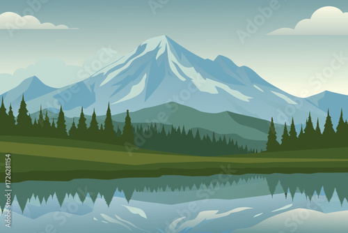 A serene landscape featuring a snow capped mountain and lush forest