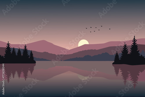 Serene landscape with silhouetted trees mountains and a calm reflective lake