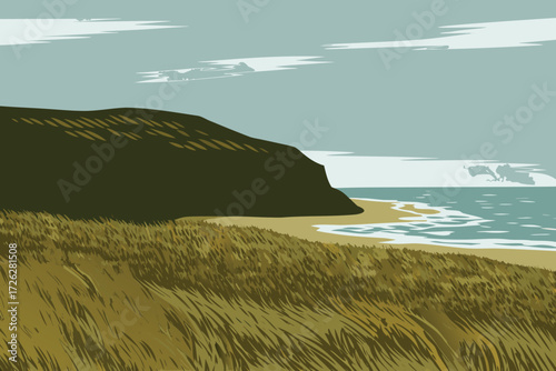 A serene coastal landscape featuring a grassy dune and ocean view