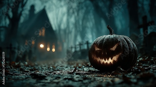 Carved pumpkin with scary face sits near a spooky house in the dark.