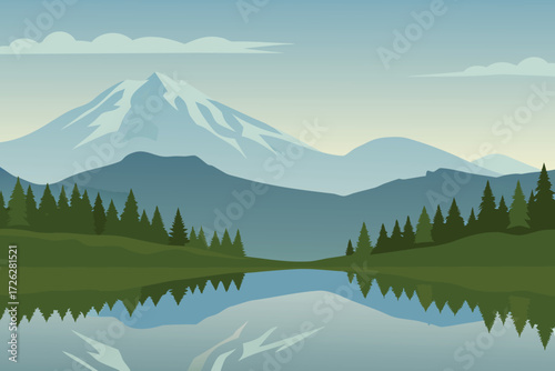 Scenic mountain landscape with a calm lake and pine trees