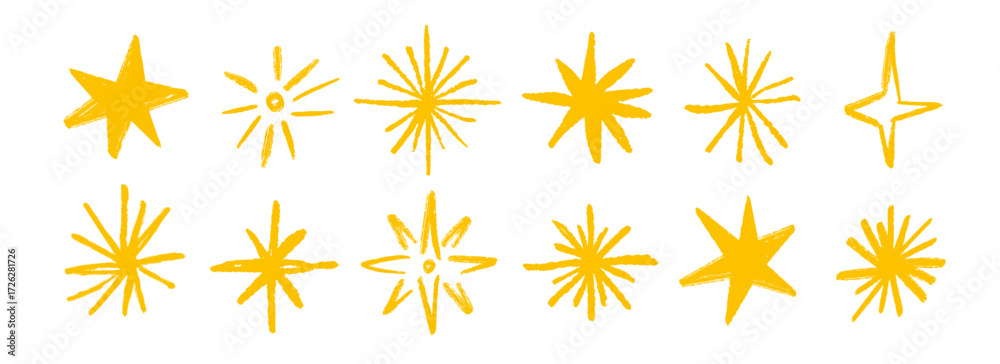 custom made wallpaper toronto digitalGold crayon hand drawn stars and sparkles set. Yellow rough brush stroke shine element pack for collage, poster, sticker, label. Golden doodle sparks collection. Sketched pencil asterisks. Vector