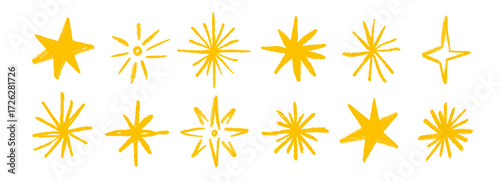 Wallpaper Mural Gold crayon hand drawn stars and sparkles set. Yellow rough brush stroke shine element pack for collage, poster, sticker, label. Golden doodle sparks collection. Sketched pencil asterisks. Vector Torontodigital.ca