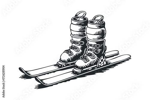 Pair of Black and White Ski Boots and Skis. Vector hand drawn illustration