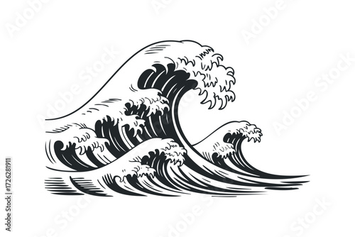 Powerful ocean wave breaking in monochrome silhouette. Vector hand drawn illustration