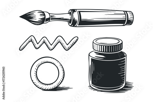 Drawing supplies including a brush, ink bottle, and stroke marks. Vector hand drawn illustration