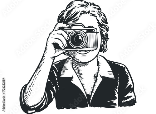 Person holding camera to take photo. Vector hand drawn illustration