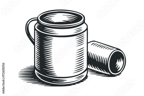 Two metallic milk cans with ribbed texture. Vector hand drawn illustration