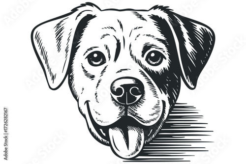 Happy dog face with tongue out. Vector hand drawn illustration