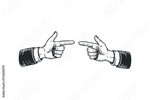 Two hands pointing fingers at each other with textured sleeves. Vector hand drawn illustration