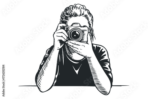 Person holding vintage camera to capture image. Vector hand drawn illustration