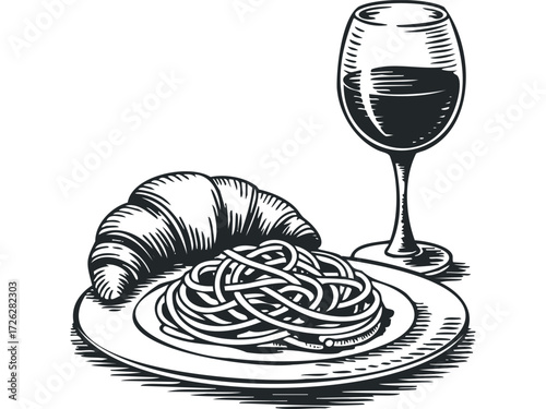 Plate of Spaghetti and Croissant with Wine Glass. Vector hand drawn illustration