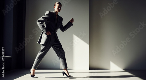 High fashion portrait of a powerful woman in a tailored gray pantsuit, striking a dynamic and confident pose in a sunlit minimalist space