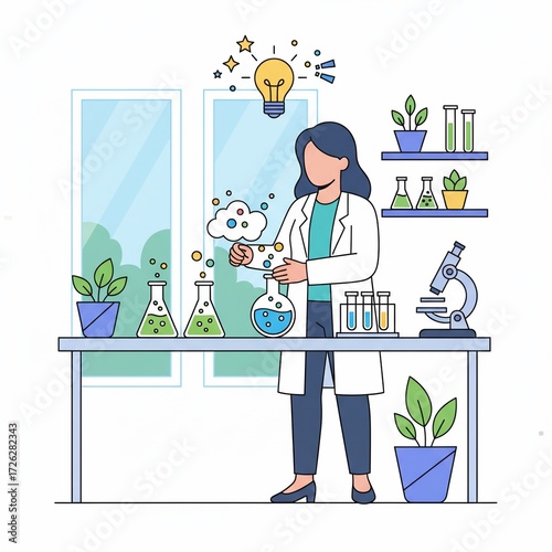 A flat vector illustration of a female scientist's research activity, a creative chemistry job