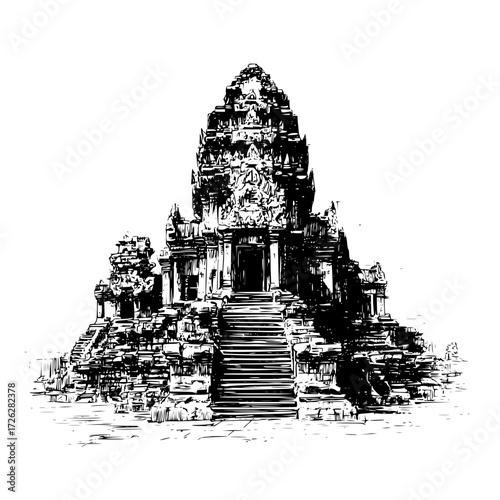 Angkor wat temple cambodia drawing sketch illustration travel architecture landmark southeast asia historical art 100