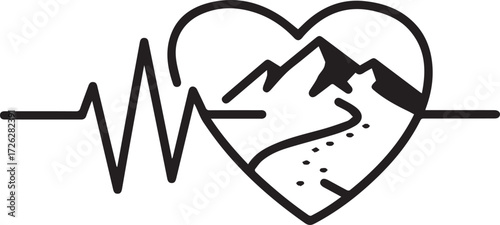 Capture the thrill of adventure and outdoor living with this minimalist line art heart featuring mountains and a trail, perfect for branding and logos