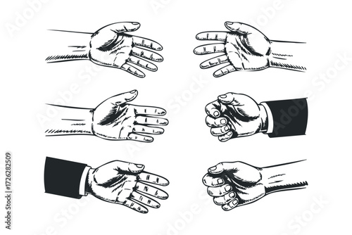 Hand Gesture Collection Open and Closed Fists. Vector hand drawn illustration