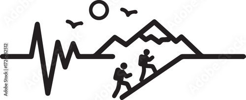 Inspiring mountain adventure with hikers, sun, birds, and heartbeat line illustration for outdoor adventure brands and fitness promotions, scalable vector design