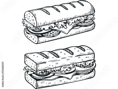Hand drawn sub sandwiches with fresh ingredients. Vector hand drawn illustration