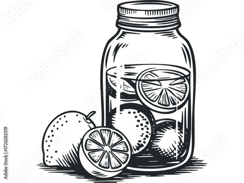 Jar of Infused Water with Lemons and Slices. Vector hand drawn illustration