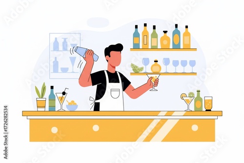 A flat vector illustration of a faceless bartender character, showing the professional job and activity of mixing cocktails