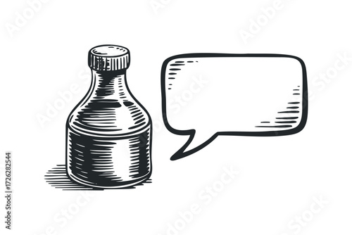 Bottle next to speech bubble. Vector hand drawn illustration