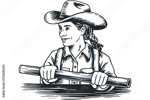 Cowgirl holding a wooden pole. Vector hand drawn illustration