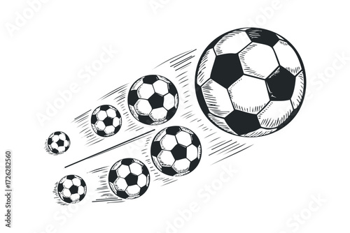 Multiple soccer balls in motion, artistic sketch style. Vector hand drawn illustration