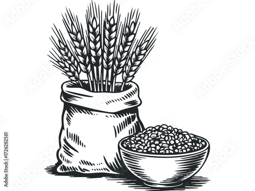 Burlap sack overflowing with ripe wheat ears beside a bowl of grain. Vector hand drawn illustration