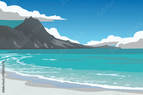 Tranquil coastal landscape featuring a mountain beach and clear blue skies