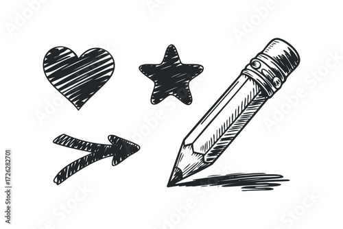 Doodle elements including heart, star, arrow, and pencil. Vector hand drawn illustration
