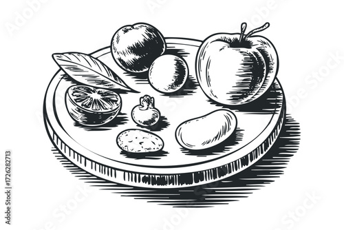 Sketch of various fruits and vegetables on a platter. Vector hand drawn illustration