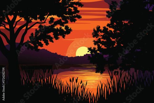 Warm sunset over water framed by silhouetted trees and grasses