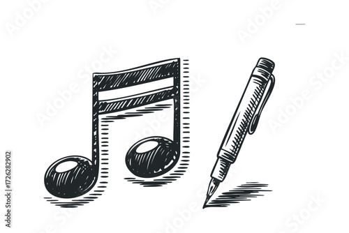 Hand Drawn Musical Note and Pen Writing. Vector hand drawn illustration