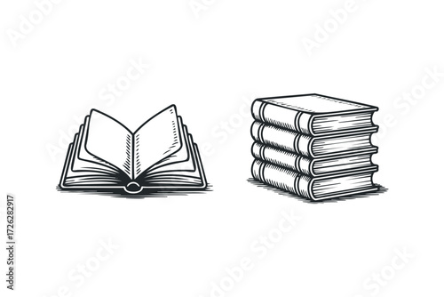 Stack of books and an open book sketch. Vector hand drawn illustration