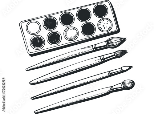 Set of watercolor paints and brushes. Vector hand drawn illustration