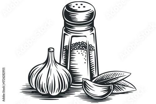 Garlic bulb and pepper shaker with leaves. Vector hand drawn illustration