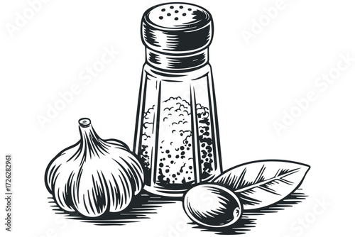 Garlic, Pepper Shaker, Olive, and Leaf. Vector hand drawn illustration